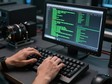 Hands of a network engineer typing on a mechanical keyboard, terminal screen in front showing active network diagnostic parameters in terminal green, dark clinical environment.