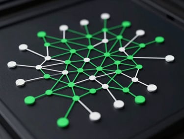 Clean vector-style architectural network topology diagram on a dark screen, green and white nodes, highly detailed routing paths.