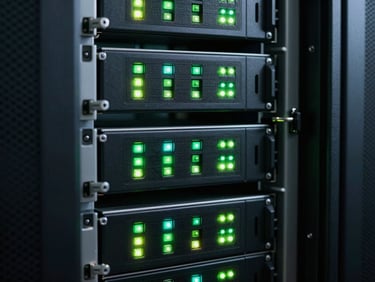 Macro shot of physical server rack cabling with neon green status lights in a cool-toned dark server room, high-contrast technical precision.