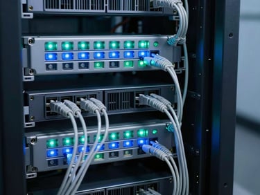Close-up of meticulous server rack cable management, blue and green status LEDs glowing, cool-toned clinical lighting, sharp focus on structured cabling.