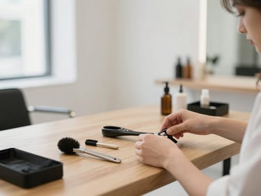 Clean minimalist salon interior, soft natural daylight, a stylist arranging tools on a wooden table, shallow depth of field, 35mm
