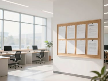 Bright modern classroom lobby with large windows, soft morning light, a bulletin board with clean notices, shallow depth of field, 35mm
