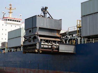 Massive port conveyor loader system over a cargo ship, hard natural daylight, steel blue and charcoal tones, sharp focus