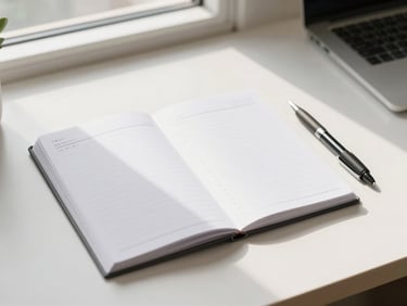 A flat-lay of a clean desk with a structured paper planner, a fine-point pen, and soft morning shadows