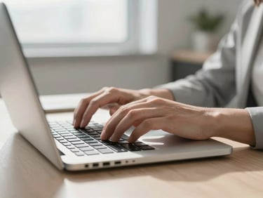 Close up of hands typing on a sleek laptop keyboard in a sunlit modern office, shallow depth of field, bright editorial style