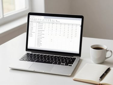 A clean modern workspace flat-lay, daylight, laptop showing a structured digital spreadsheet template, a notebook, coffee cup, neutral background, 35mm