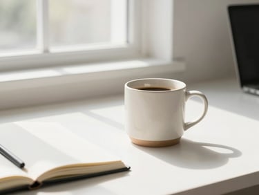 A clean modern workspace with a ceramic coffee mug, notebook, and natural light streaming through a window, minimalist aesthetic