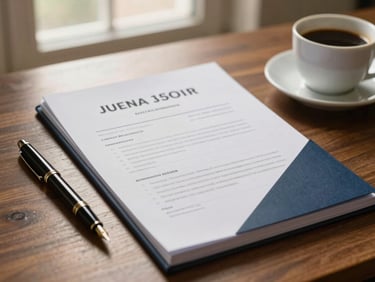 Tidy desk with corporate legal documents, a fountain pen, and a ceramic cup of coffee, warm morning light, shallow depth of field, 35mm