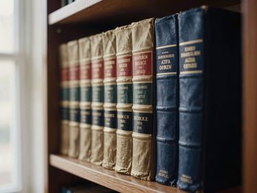 Close-up of vintage law books on a dark wooden shelf in a quiet library, warm window light, shallow depth of field, 35mm