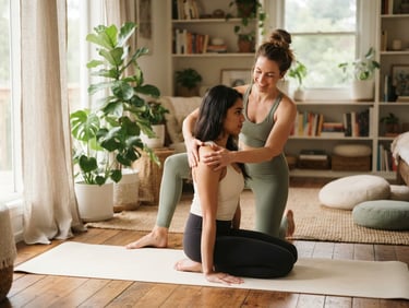 Medium environmental shot of a professional yoga instructor guiding a student's alignment in a sunlit living room, soft warm daylight, sage and cream tones, shallow depth of field