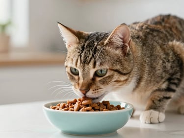 A close-up of a healthy tabby cat eating premium dry food from a clean ceramic bowl in a bright, modern kitchen, soft morning light.