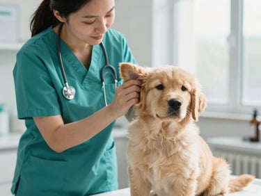 A professional female veterinarian in a clean clinic environment gently checking a golden retriever puppy's ears, bright natural daylight.