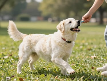 A happy dog playing with its owner in a green park, bright sunny day, warm lighting, showing active and healthy pet lifestyle.