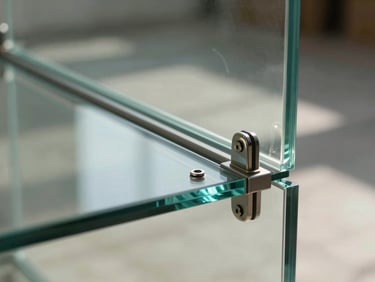 Architectural close-up of a specialty glass panel installation — frameless glass edge detail with polished hardware fitting, indirect daylight grazing across the surface to reveal the precision of the gasket and seal work