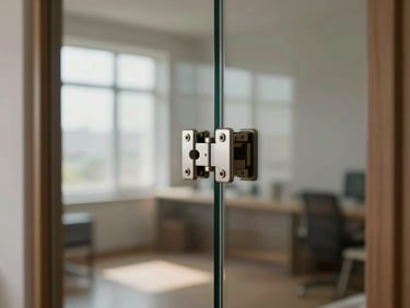 Interior architectural detail of a specialty glass partition panel, reflection of a daylit room caught in the surface, hardware hinge and clamp visible in sharp focus, no people