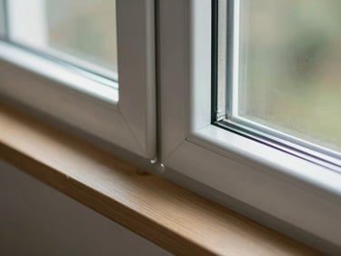 Close-up of a residential window frame corner joint — precise aluminum and timber meeting, clean sealant line, indirect north-facing light revealing the surface quality of the installation detail