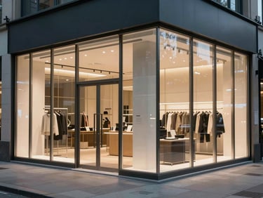Wide shot of a commercial glass storefront system — full-height glazed panels with narrow aluminum mullions, interior light spilling outward, street-level angle showing the full frame-to-floor transition and clean sill detail