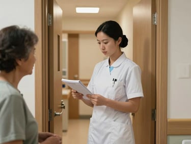Registered nurse in uniform checking medication notes beside a resident's room doorway, warm tungsten interior light, focused and unhurried, care home corridor visible behind