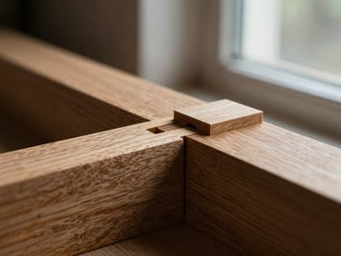 Extreme macro detail of interlocking mortise-and-tenon wood joint, raw oak texture under dramatic workshop window light, shallow depth of field