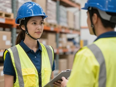 Close-up of hands inspecting a shipping label and barcode on a wooden pallet inside a European warehouse, sharp focus, technical industrial lighting.