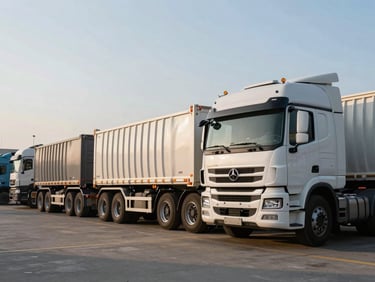Heavy-duty commercial freight trucks parked in a clean logistics yard under clear afternoon sky, professional fleet setup