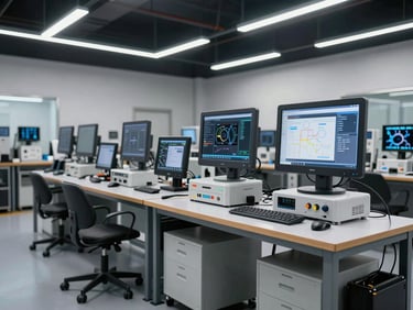 A modern, highly organized vehicle repair workshop bay with advanced diagnostic equipment and overhead lighting