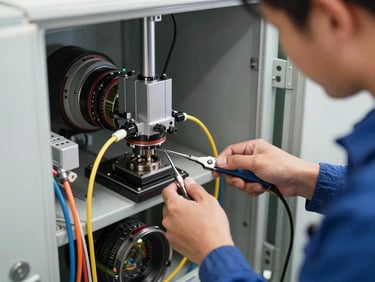 A technician splicing fiber optic cables inside a clean utility vault, high-precision tools, bright daylight
