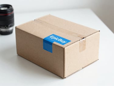 bright high-key product photography, soft natural daylight, clean minimalist settings, crisp details, a neatly sealed cardboard shipping box with an elegant blue EpicBuy tape on a white surface