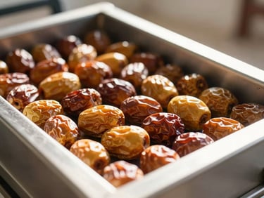 Close-up of sorted Deglet Nour dates in clean stainless-steel sorting facilities, cool indoor facility lighting, sharp macro detail