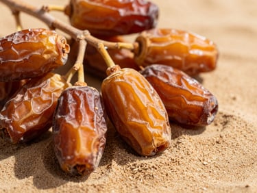 Macro shot of translucent amber Deglet Nour dates on the branch, harsh Saharan sunlight, deep amber and sand tones, 35mm