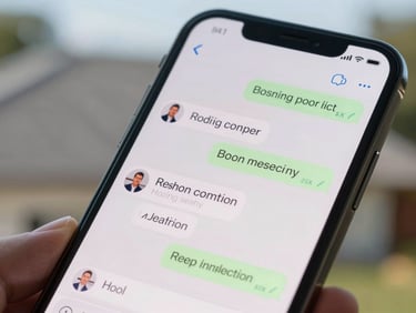Close-up macro shot of a mobile phone screen displaying a clean SMS conversation between a roofing company and a homeowner booking an inspection, bright daylight