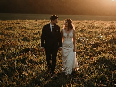 Candid wedding couple walking through a field at sunset, warm cinematic tones, low contrast, rich shadows