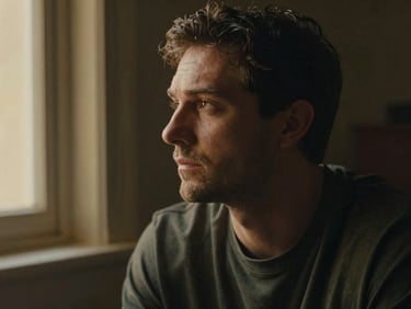 A quiet portrait of a man in deep thought, soft side lighting, rich organic tones, deep olive shadows