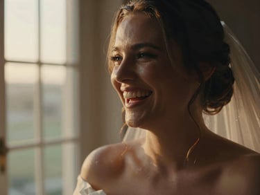 Close-up cinematic portrait of a laughing bride, soft golden hour window light, rich organic tones, deep shadows, shallow depth of field, 35mm film grain