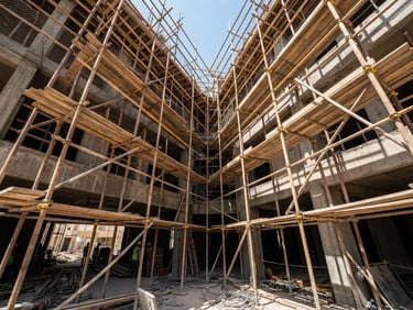 Low-angle shot looking up at a perfectly aligned wooden scaffolding structure wrapping a building under bright harsh Kuwait sunlight, sharp geometric shadows, rugged construction site