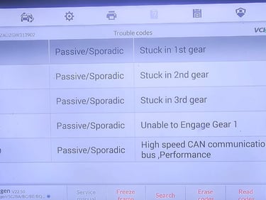 A car diagnostic scan tool displaying various Volkswagen trouble codes, including passive/sporadic errors like "Stuck in 1st