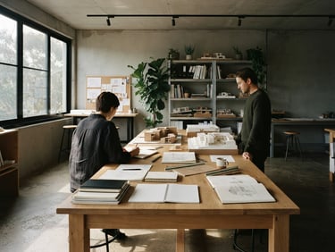 Medium-wide environmental shot of a quiet, minimalist design studio interior, soft directional window light casting deep shadows on a concrete floor, physical notebooks and architectural models on a long oak table, 35mm lens, muted earth tones.