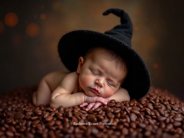 a baby sleeping on a coffee beanie Halloween Portraits
