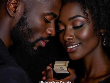 a man and woman holding a ring in front of a black background