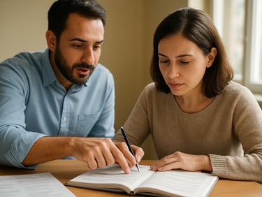 Close-up of a language instructor guiding a focused adult student through structured notes, bright natural light, warm professional atmosphere, 35mm