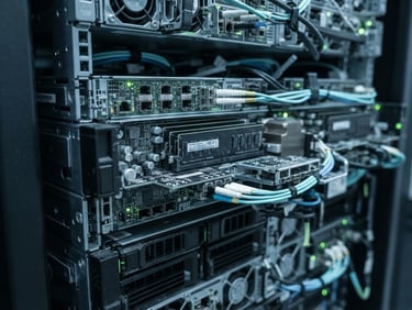 Macro close-up of a high-end server rack, cool-toned studio lighting, sharp focus on physical hardware, desaturated blues with subtle neon-green highlights, 50mm lens.