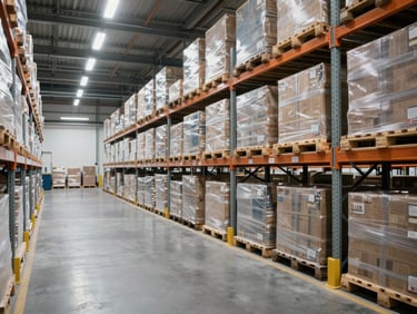 Interior of a modern, organized distribution warehouse with cool clean white light, organized pallets, and structured logistics systems.