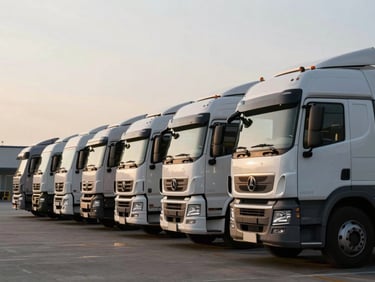 A aligned row of clean, modern transport trucks parked at a terminal during sunrise, high-contrast natural lighting, projecting scale.