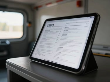 Close-up of a digital tablet displaying cargo manifests and CT-e documents inside a clean truck cabin, morning light.