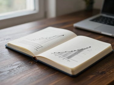 Close-up of a physical notebook with analytical sketches and growth charts on a dark wood desk, natural window light, shallow depth of field, 50mm lens