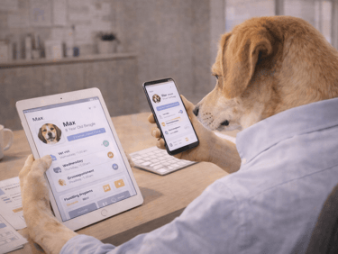 A beagle wearing a shirt uses a pet health tracking app on a tablet