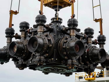 Close-up of massive subsea hardware being lowered from a construction vessel deck, stark industrial lighting, high-contrast details of steel connectors.