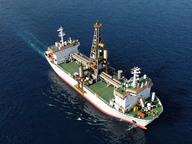 Aerial drone shot of a massive pipelaying vessel with a steel stinger extending into deep ocean water, high-contrast natural light.