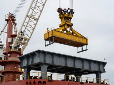 Close-up of a heavy subsea construction vessel crane lifting massive steel structures on an overcast day.