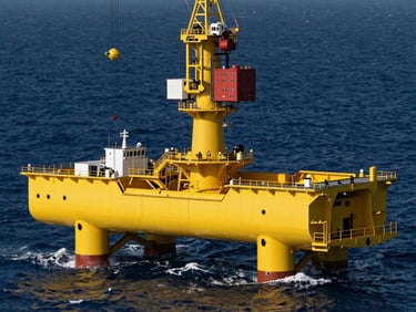 A heavy-lift crane vessel positioning a massive yellow offshore wind turbine foundation jacket into dark blue swell, high-contrast natural lighting.
